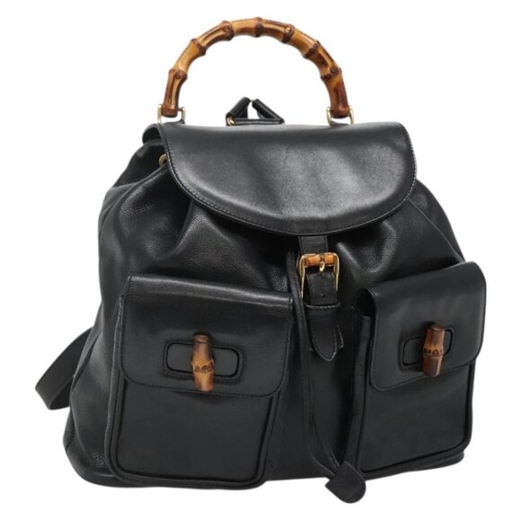 GUCCI Bamboo Backpack Leather Black Gold - Picture 1 of 15